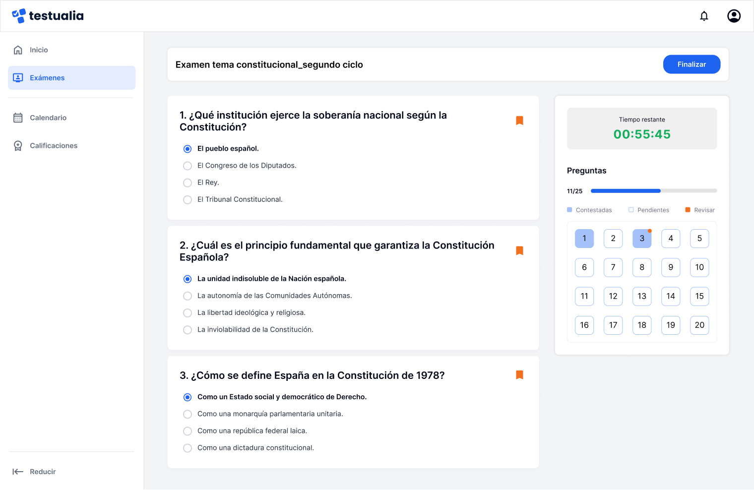 Modo simulacro de Testualia con temporizador y preguntas tipo test